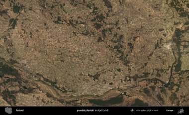 Powiat Pplonski. Nisan 2018 'de çekilen Kopernik Sentinel karolarından oluşan bir uydu görüntüsü üzerine Polonya' nın idari bölgesi