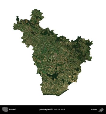 Powiat Pplonski. Polonya idari bölgesi, Haziran 2018 'de çekilen Kopernik Nöbetçi karolarından oluşan bir uydu görüntüsü üzerinde beyaza izole edildi.