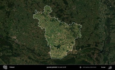 Powiat Pplonski. Polonya 'nın idari alanı, Haziran 2018' de çekilen Kopernik Nöbetçi karolarından oluşan koyu renkli bir uydu görüntüsüyle vurgulandı ve özetlendi