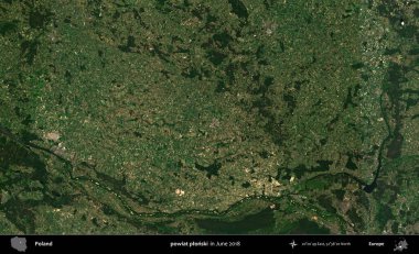 Powiat Pplonski. Copernicus Sentinel 'in Haziran 2018' de çekilmiş uydu görüntüsü üzerine Polonya 'nın idari bölgesi