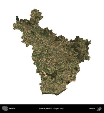 Powiat Pplonski. Polonya idari bölgesi, Nisan 2019 'da çekilen Kopernik Nöbetçi karolarından oluşan bir uydu görüntüsü üzerinde beyaza izole edildi.