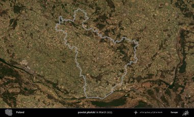 Powiat Pplonski. Polonya 'nın idari bölgesinin ana hatları, Mart 2025' te çekilen Kopernik Nöbetçi karolarından oluşan bir uydu görüntüsü üzerine çizildi.