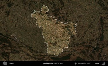 Powiat Pplonski. Polonya 'nın idari alanı, Mart 2025' te çekilen Kopernik Nöbetçi karolarından oluşan koyu renkli bir uydu görüntüsü üzerine vurgulandı ve özetlendi