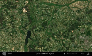 powiat poddebicki. Copernicus Sentinel 'in Mayıs 2018' de çekilmiş uydu görüntüsü üzerine Polonya 'nın idari bölgesi.