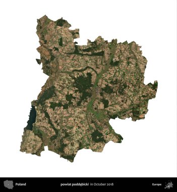 powiat poddebicki. Polonya idari bölgesi, Ekim 2018 'de çekilen Kopernik Nöbetçi karolarından oluşan bir uydu görüntüsü üzerinde beyaza izole edildi.