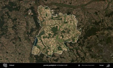 powiat poddebicki. Polonya 'nın idari alanı, Ekim 2018' de çekilen Kopernik Nöbetçi karolarından oluşan koyu renkli bir uydu görüntüsü üzerine vurgulandı ve özetlendi