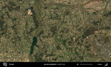 powiat poddebicki. Nisan 2019 'da çekilen Kopernik Sentinel karolarından oluşan bir uydu görüntüsü üzerine Polonya' nın idari bölgesi