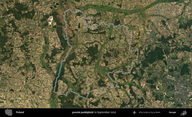 powiat poddebicki. Eylül 2020 'de çekilen Kopernik Nöbetçi karolarından oluşan bir uydu görüntüsü üzerine Polonya' nın idari bölgesinin ana hatlarını çizdim.