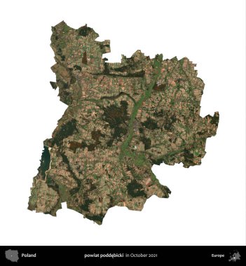 powiat poddebicki. Polonya idari bölgesi, Ekim 2021 'de çekilen Kopernik Nöbetçi karolarından oluşan bir uydu görüntüsü üzerinde beyaza izole edildi.