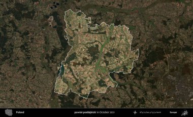 powiat poddebicki. Polonya 'nın idari alanı, Ekim 2021' de çekilen Kopernik Nöbetçi karolarından oluşan koyu renkli bir uydu görüntüsü üzerine vurgulandı ve özetlendi