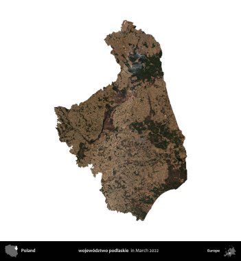 wojewodzz iki podlaskie. Polonya idari bölgesi, Mart 2022 'de çekilen Kopernik Nöbetçi karolarından oluşan bir uydu görüntüsü üzerinde beyaza izole edildi.