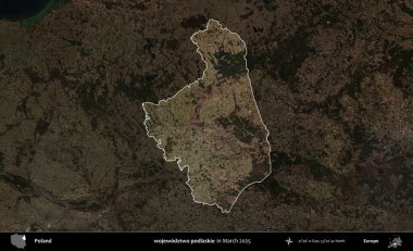 wojewodzz iki podlaskie. Polonya 'nın idari alanı, Mart 2025' te çekilen Kopernik Nöbetçi karolarından oluşan koyu renkli bir uydu görüntüsü üzerine vurgulandı ve özetlendi