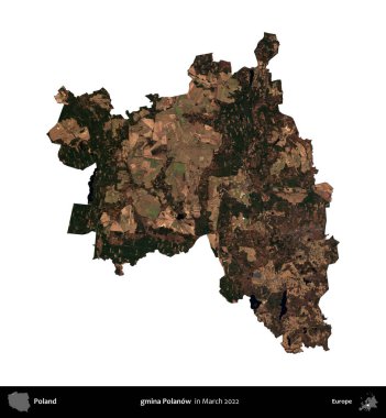 gmina Polanow. Polonya idari bölgesi, Mart 2022 'de çekilen Kopernik Nöbetçi karolarından oluşan bir uydu görüntüsü üzerinde beyaza izole edildi.