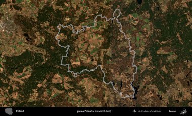 gmina Polanow. Polonya 'nın idari bölgesinin ana hatları, Mart 2025' te çekilen Kopernik Nöbetçi karolarından oluşan bir uydu görüntüsü üzerine çizildi.
