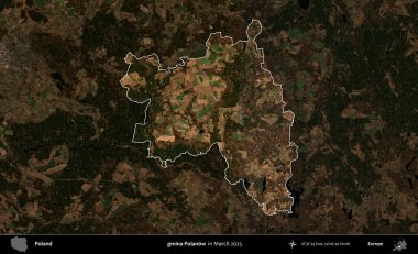 gmina Polanow. Polonya 'nın idari alanı, Mart 2025' te çekilen Kopernik Nöbetçi karolarından oluşan koyu renkli bir uydu görüntüsü üzerine vurgulandı ve özetlendi