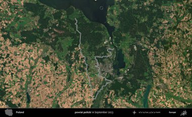 Powiat polisi. Eylül 2023 'te çekilen Copernicus Sentinel karolarından oluşan bir uydu görüntüsü üzerine Polonya' nın idari bölgesinin ana hatlarını belirledik.