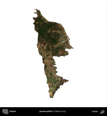 Powiat polisi. Polonya idari bölgesi, Mart 2025 'te çekilen Kopernik Nöbetçi karolarından oluşan bir uydu görüntüsü üzerinde beyaza izole edildi.