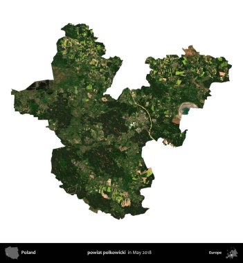 powiat polkowicki. Polonya 'nın idari bölgesi, Mayıs 2018' de çekilen Kopernik Nöbetçi Fayanslarından oluşan bir uydu görüntüsü üzerinde beyaza izole edildi.
