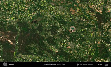 powiat polkowicki. Copernicus Sentinel 'in Mayıs 2018' de çekilmiş uydu görüntüsü üzerine Polonya 'nın idari bölgesi.