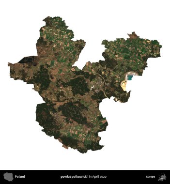 powiat polkowicki. Polonya idari bölgesi, Nisan 2020 'de çekilen Kopernik Nöbetçi karolarından oluşan bir uydu görüntüsü üzerinde beyaza izole edildi.
