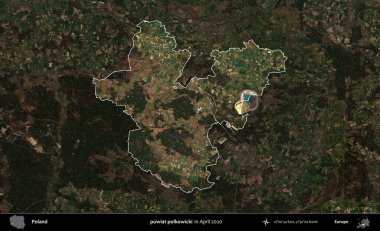 powiat polkowicki. Polonya 'nın idari alanı, Nisan 2020' de çekilen Kopernik Nöbetçi karolarından oluşan koyu renkli bir uydu görüntüsü üzerine vurgulandı ve özetlendi