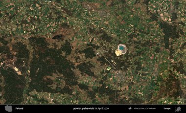 powiat polkowicki. Nisan 2020 'de Copernicus Sentinel karolarından oluşan bir uydu görüntüsü üzerine Polonya' nın idari bölgesi