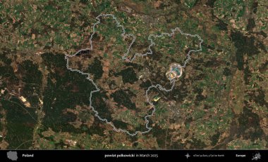 powiat polkowicki. Polonya 'nın idari bölgesinin ana hatları, Mart 2025' te çekilen Kopernik Nöbetçi karolarından oluşan bir uydu görüntüsü üzerine çizildi.