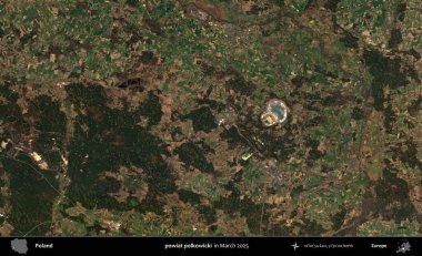 powiat polkowicki. Copernicus Sentinel 'in Mart 2025' te çekilmiş uydu görüntüsü üzerine Polonya 'nın idari bölgesi