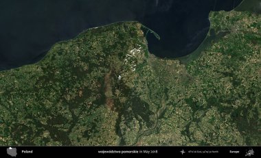 wojewodzz iki pomorskie. Copernicus Sentinel 'in Mayıs 2018' de çekilmiş uydu görüntüsü üzerine Polonya 'nın idari bölgesi.