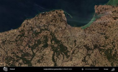 wojewodzz iki pomorskie. Copernicus Sentinel 'in Mart 2022' de çekilmiş uydu görüntüsü üzerine Polonya 'nın idari bölgesi.