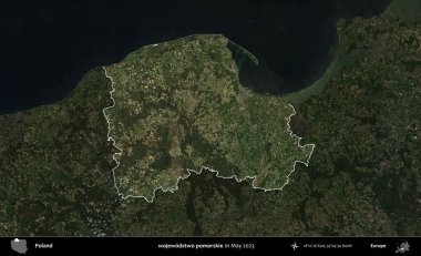 wojewodzz iki pomorskie. Polonya 'nın idari alanı, Mayıs 2023' te çekilen Kopernik Nöbetçi karolarından oluşan koyu renkli bir uydu görüntüsü üzerinde vurgulandı ve özetlendi.
