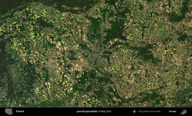powiat poznanski. Copernicus Sentinel 'in Mayıs 2017' de çekilmiş uydu görüntüsü üzerine Polonya 'nın idari bölgesi.