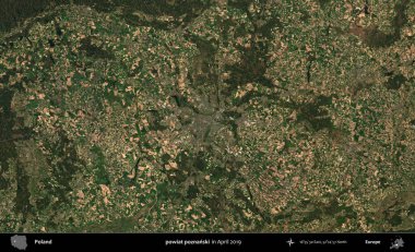 powiat poznanski. Nisan 2019 'da çekilen Kopernik Sentinel karolarından oluşan bir uydu görüntüsü üzerine Polonya' nın idari bölgesi