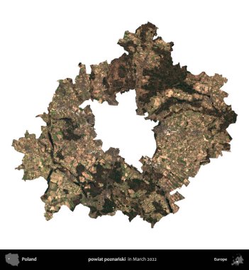 powiat poznanski. Polonya idari bölgesi, Mart 2022 'de çekilen Kopernik Nöbetçi karolarından oluşan bir uydu görüntüsü üzerinde beyaza izole edildi.