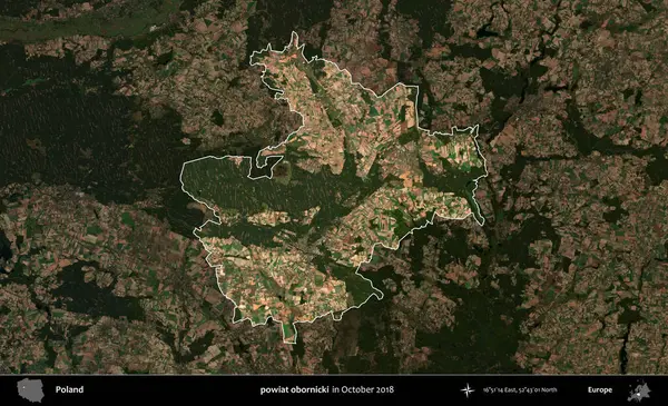 powiat obornicki. Polonya 'nın idari alanı, Ekim 2018' de çekilen Kopernik Nöbetçi karolarından oluşan koyu renkli bir uydu görüntüsü üzerine vurgulandı ve özetlendi