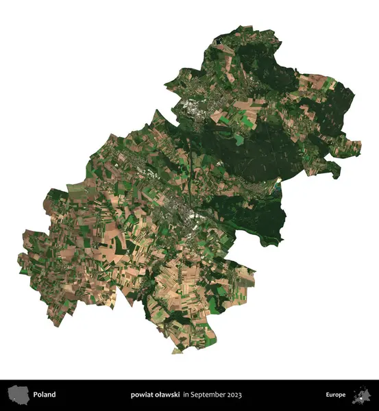 powiat olawski. Polonya idari bölgesi, Eylül 2023 'te çekilen Kopernik Nöbetçi karolarından oluşan bir uydu görüntüsü üzerinde beyaza izole edildi.