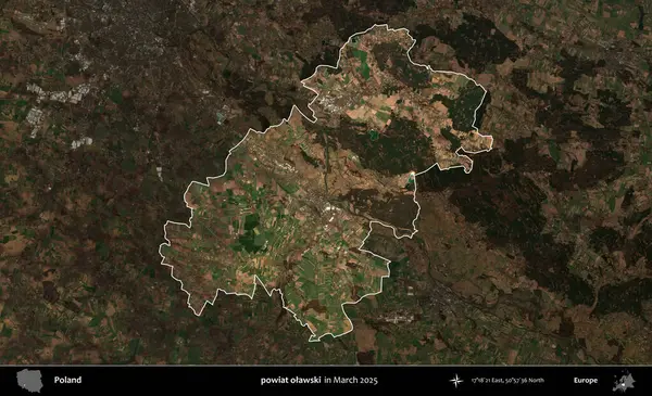 powiat olawski. Polonya 'nın idari alanı, Mart 2025' te çekilen Kopernik Nöbetçi karolarından oluşan koyu renkli bir uydu görüntüsü üzerine vurgulandı ve özetlendi