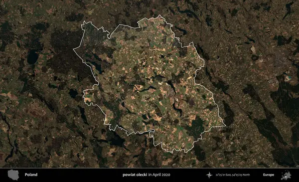 powiat olecki. Polonya 'nın idari alanı, Nisan 2020' de çekilen Kopernik Nöbetçi karolarından oluşan koyu renkli bir uydu görüntüsü üzerine vurgulandı ve özetlendi
