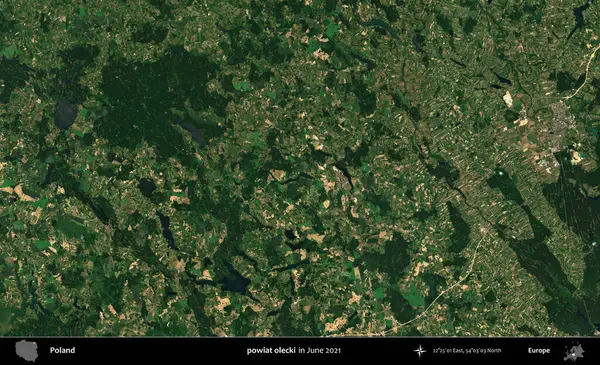 powiat olecki. Copernicus Sentinel 'in Haziran 2021' de çekilmiş uydu görüntüsü üzerine Polonya 'nın idari bölgesi