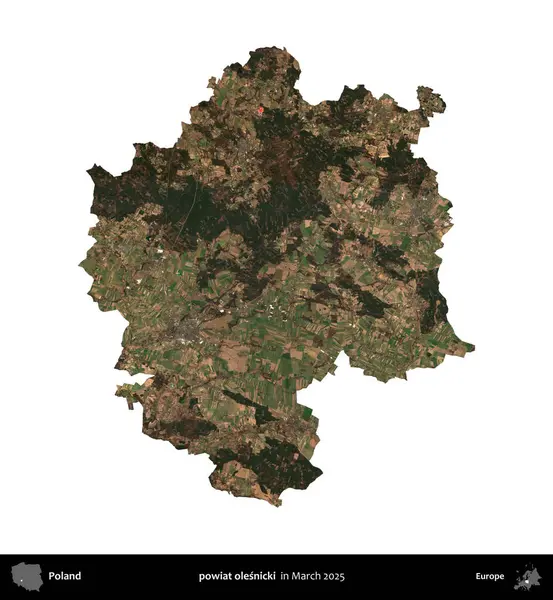 powiat olesnicki. Polonya idari bölgesi, Mart 2025 'te çekilen Kopernik Nöbetçi karolarından oluşan bir uydu görüntüsü üzerinde beyaza izole edildi.