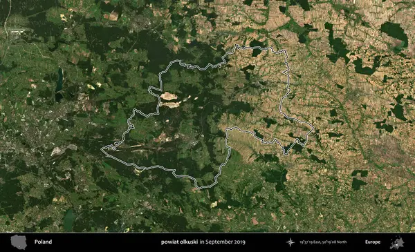 powiat olkuski. Eylül 2019 'da çekilen Kopernik Nöbetçi karolarından oluşan bir uydu görüntüsü üzerine Polonya' nın idari bölgesinin ana hatlarını çizdim.