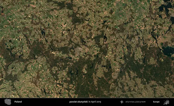 powiat olsztynski. Nisan 2019 'da çekilen Kopernik Sentinel karolarından oluşan bir uydu görüntüsü üzerine Polonya' nın idari bölgesi