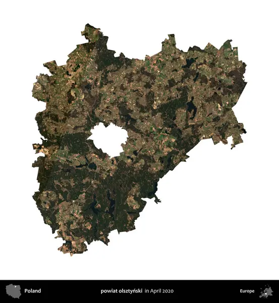 powiat olsztynski. Polonya idari bölgesi, Nisan 2020 'de çekilen Kopernik Nöbetçi karolarından oluşan bir uydu görüntüsü üzerinde beyaza izole edildi.