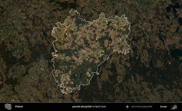 powiat olsztynski. Polonya 'nın idari alanı, Nisan 2020' de çekilen Kopernik Nöbetçi karolarından oluşan koyu renkli bir uydu görüntüsü üzerine vurgulandı ve özetlendi