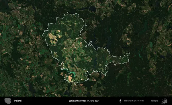 gmina Olsztynek. Polonya 'nın idari alanı, Haziran 2021' de çekilen Kopernik Nöbetçi karolarından oluşan koyu renkli bir uydu görüntüsüyle vurgulandı ve özetlendi