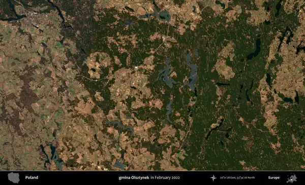 gmina Olsztynek. Polonya 'nın idari bölgesi, Şubat 2022' de çekilen Kopernik Sentinel karolarından oluşan bir uydu görüntüsü üzerine kurulmuştur.