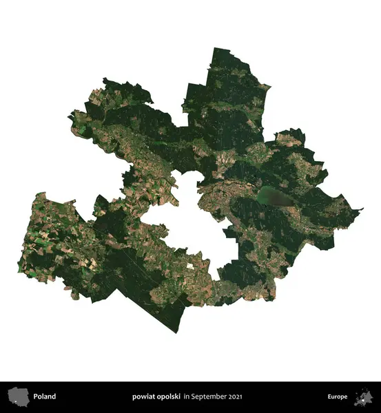 powiat opolski. Polonya idari bölgesi, Eylül 2021 'de çekilen Kopernik Nöbetçi karolarından oluşan bir uydu görüntüsü üzerinde beyaza izole edildi.