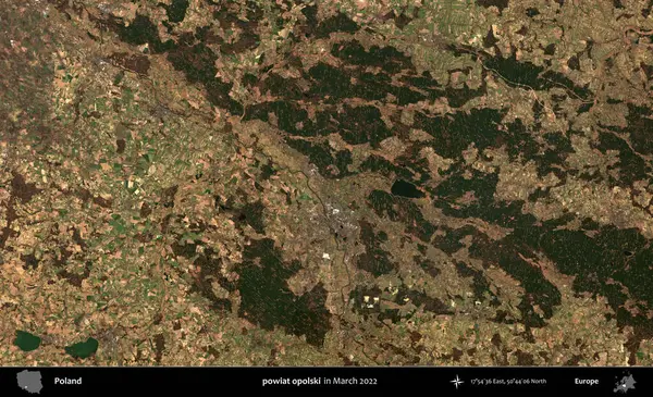 powiat opolski. Copernicus Sentinel 'in Mart 2022' de çekilmiş uydu görüntüsü üzerine Polonya 'nın idari bölgesi.