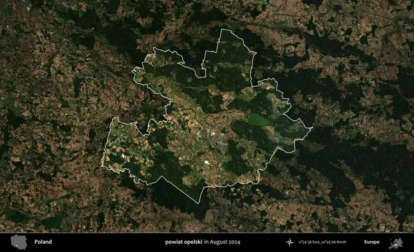 powiat opolski. Polonya 'nın idari alanı, Ağustos 2024' te çekilen Kopernik Nöbetçi karolarından oluşan koyu renkli bir uydu görüntüsü üzerine vurgulandı ve özetlendi.