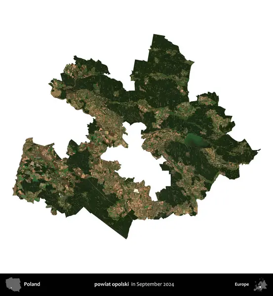 powiat opolski. Polonya idari bölgesi, Eylül 2024 'te çekilen Kopernik Nöbetçi karolarından oluşan bir uydu görüntüsü üzerinde beyaza izole edildi.